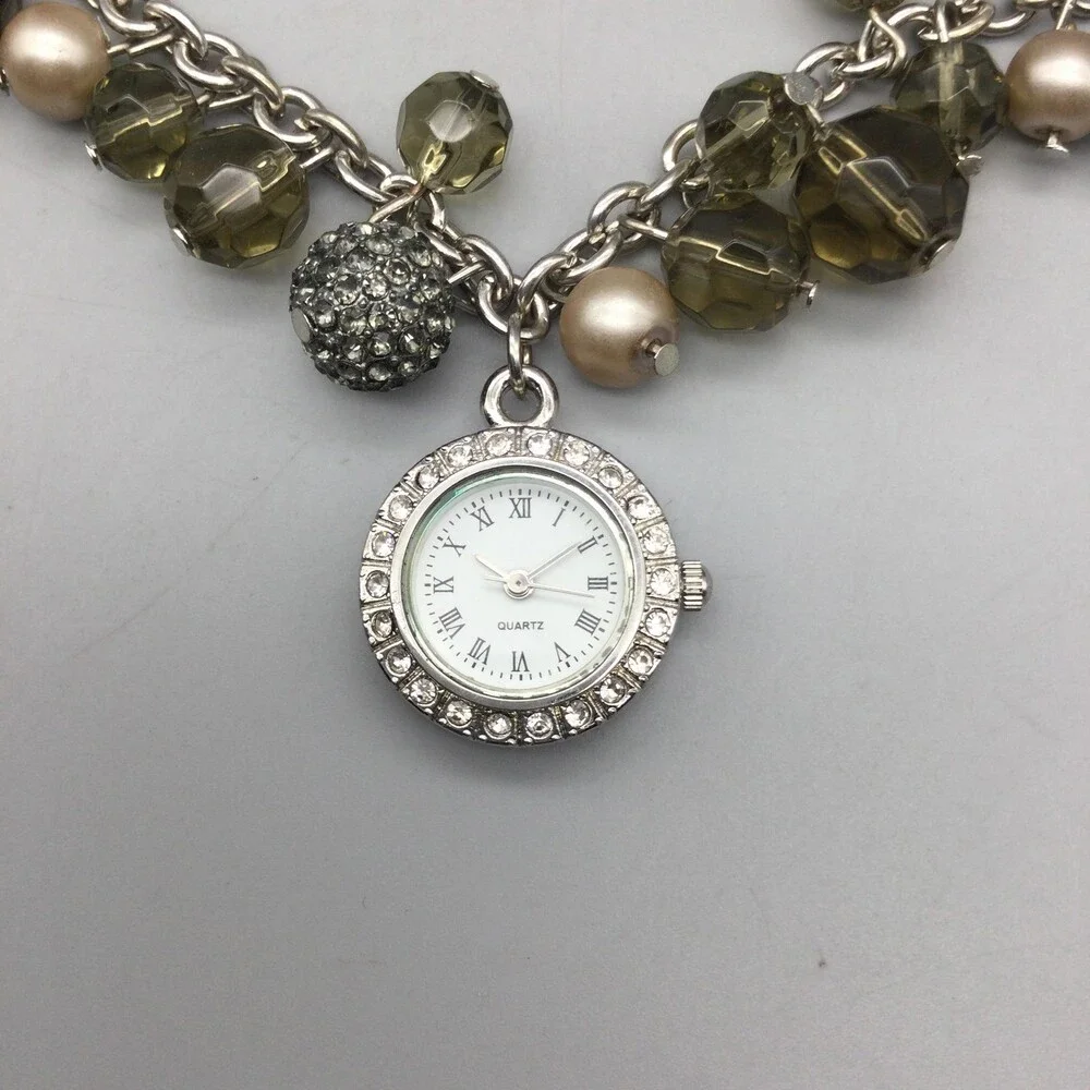 Beaded Charm Bracelet Womens Watch 22mm Silver Tone White Dial Crystal Bezel 8